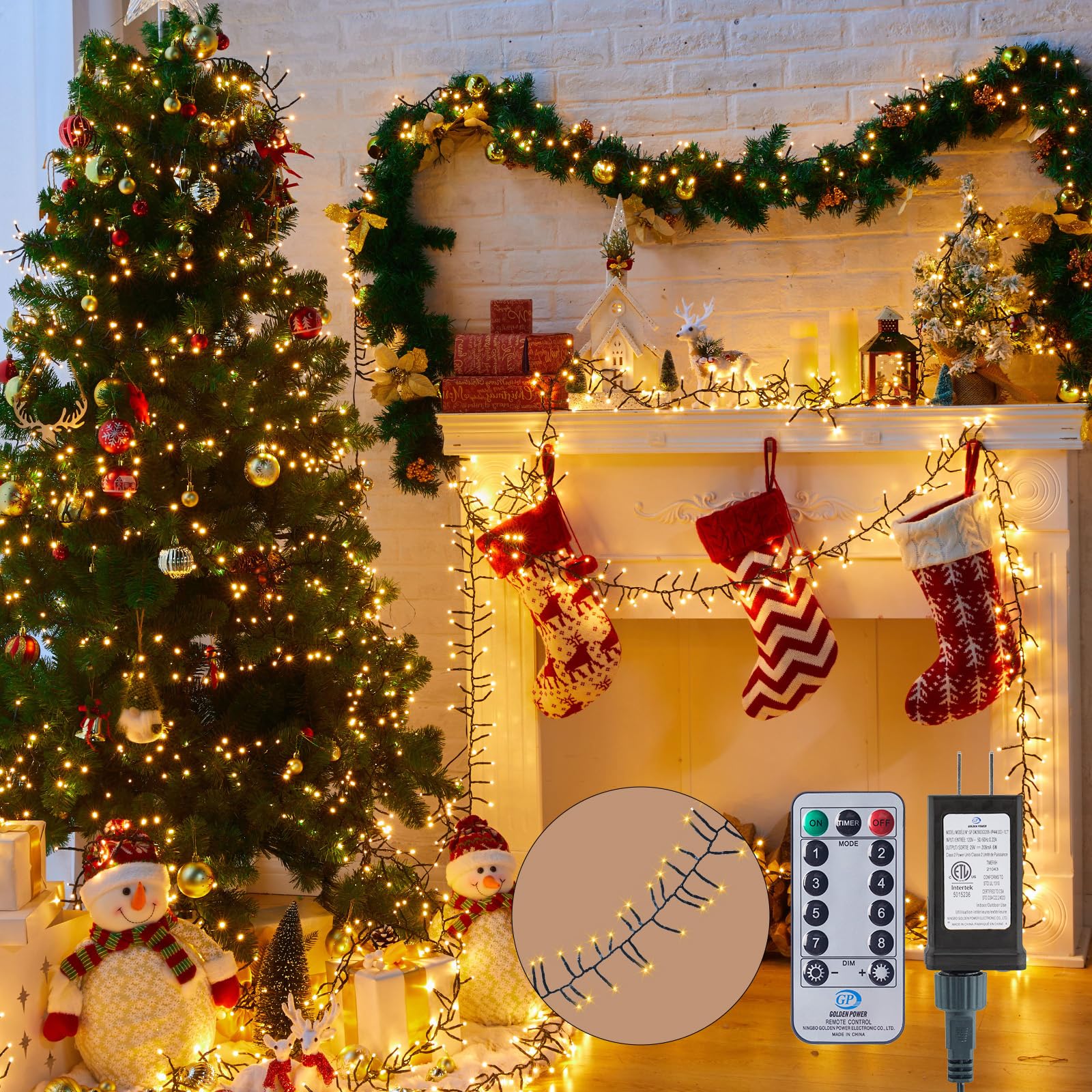 Christmas Cluster Lights with 8 Modes & Timer Remote, Plug in