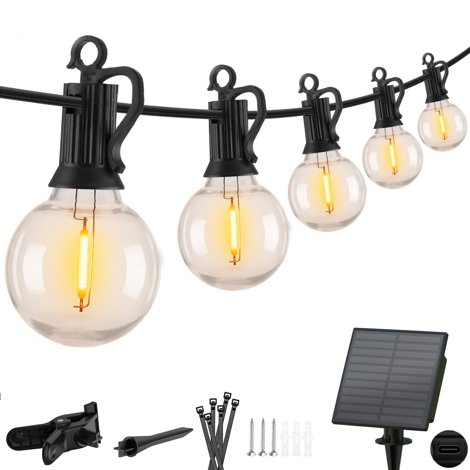 Solar G40 LED Bulb String Lights with Type-C Charging