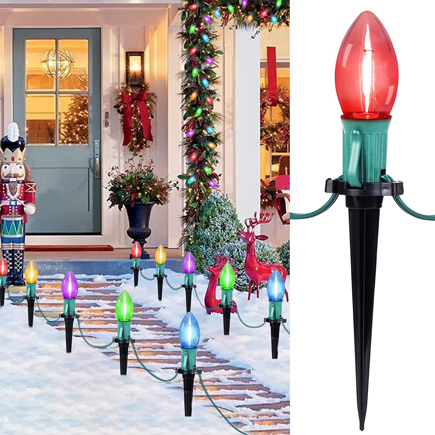 Christmas Pathway Lights with C9 LED Bulbs on Green Wire, Multicolor